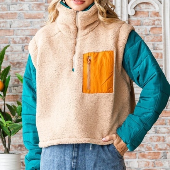 Sherpa Fleece Quilted Puffer Sleeve Cropped Half Zip Pullover Jacket Beige Combo - Picture 3 of 10